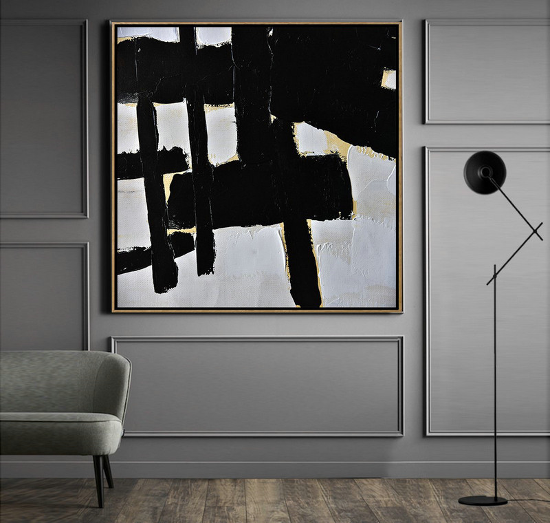 Abstract Painting Extra Large Canvas Art,Handmade Minimal Art Palette Knife Canvas Painting, Black White Beige - Extra Large Artwork